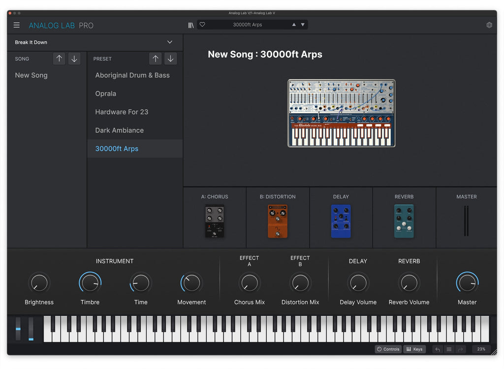 Arturia Analog Lab Pro music production software displayed on a computer screen with a professional studio stage background.