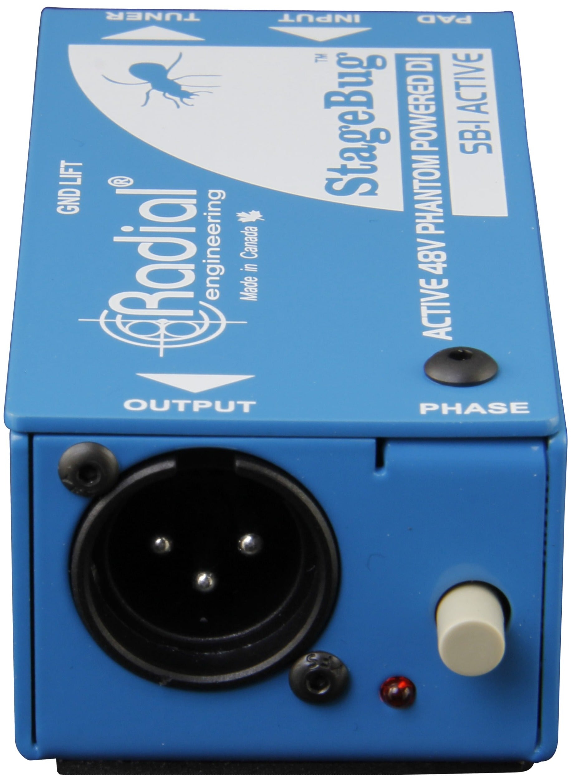 Rear view of Radial Engineering StageBug SB-1 DI box showing input and output jacks on the back panel.