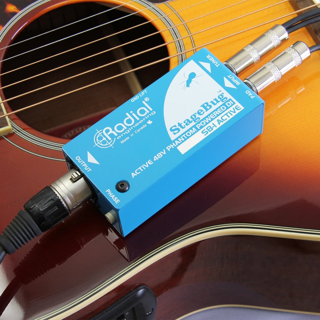 Radial Engineering StageBug SB-1 DI box with XLR and 1/4-inch inputs, compact audio interface for musical instruments.