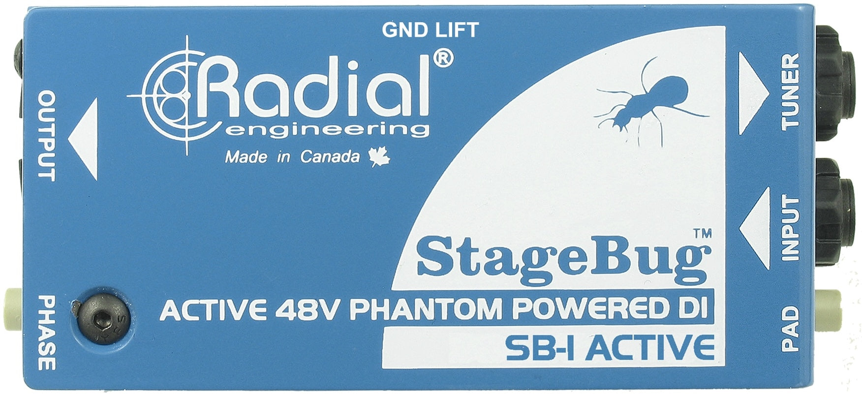 Top view of Radial Engineering StageBug SB-1 DI box showing input and output jacks and compact design.