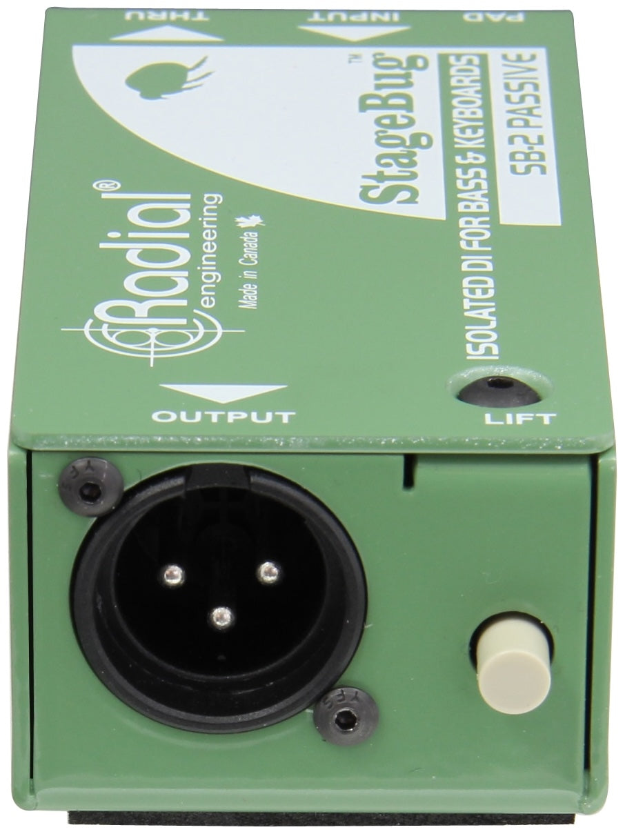 Rear view of Radial Engineering StageBug SB-2 DI box showing input and output connections on the back panel.