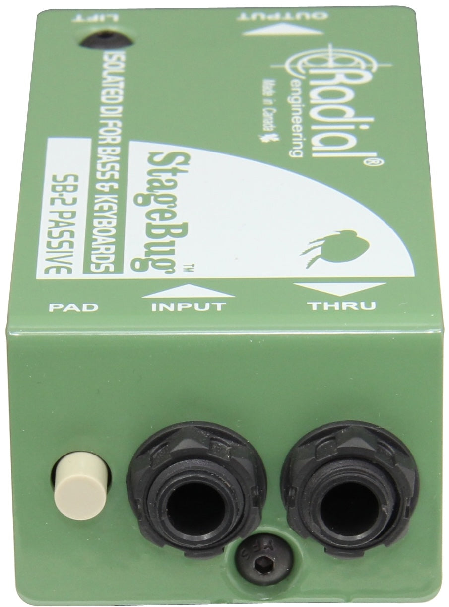 Front view of Radial Engineering StageBug SB-2 DI box showing input and output jacks on a compact metal chassis