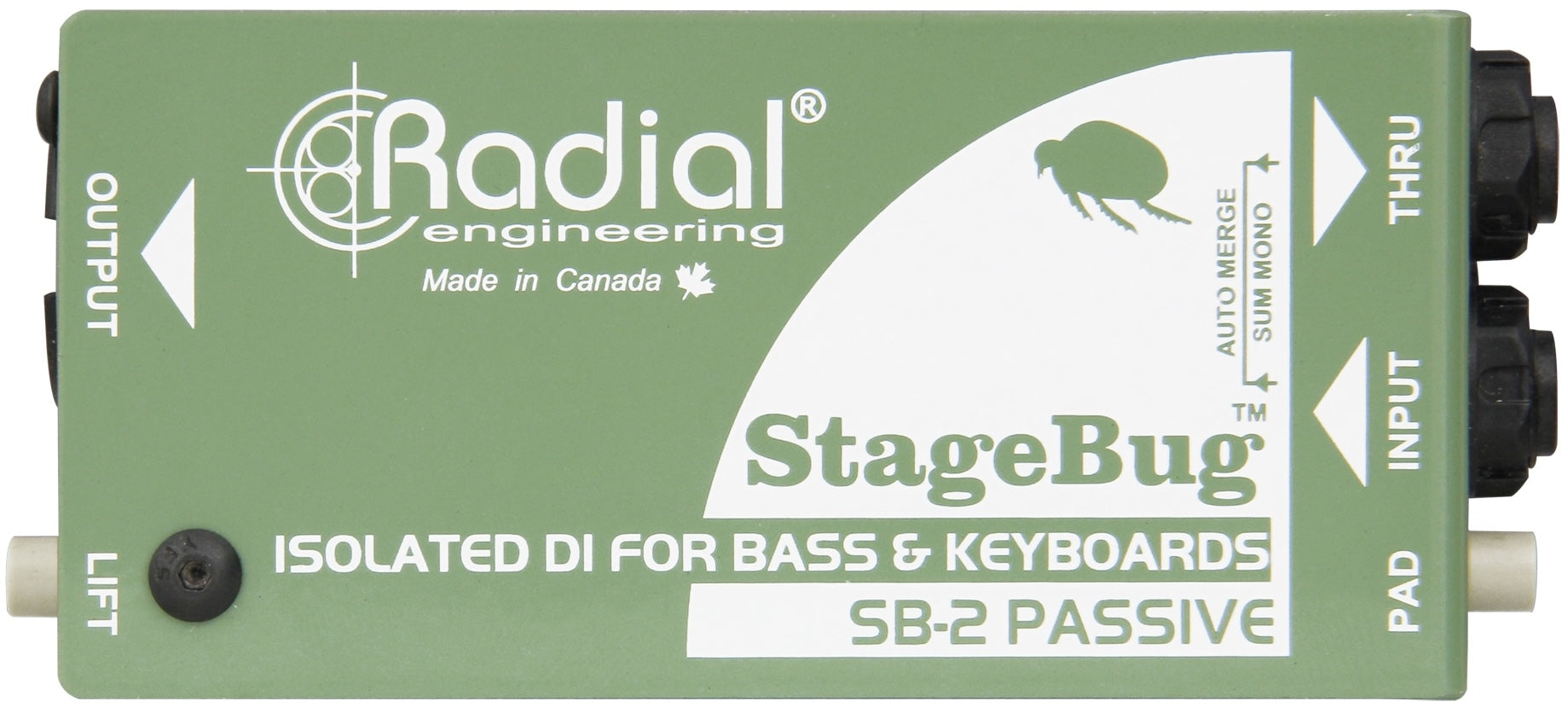 Radial Engineering StageBug SB-2 DI box showing top view with input and output jacks for instrument connection.