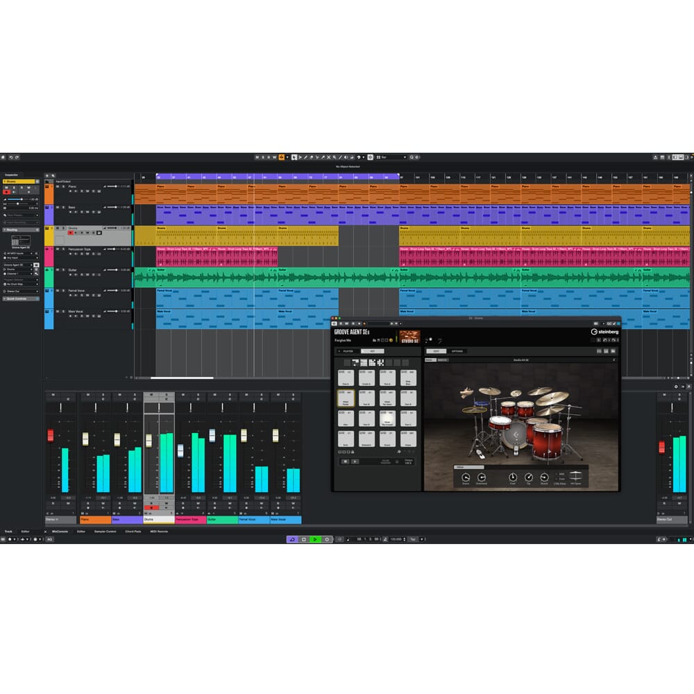 Screenshot of Steinberg Cubase Artist 15 DAW software interface showing tracks, mixer, and editing tools.