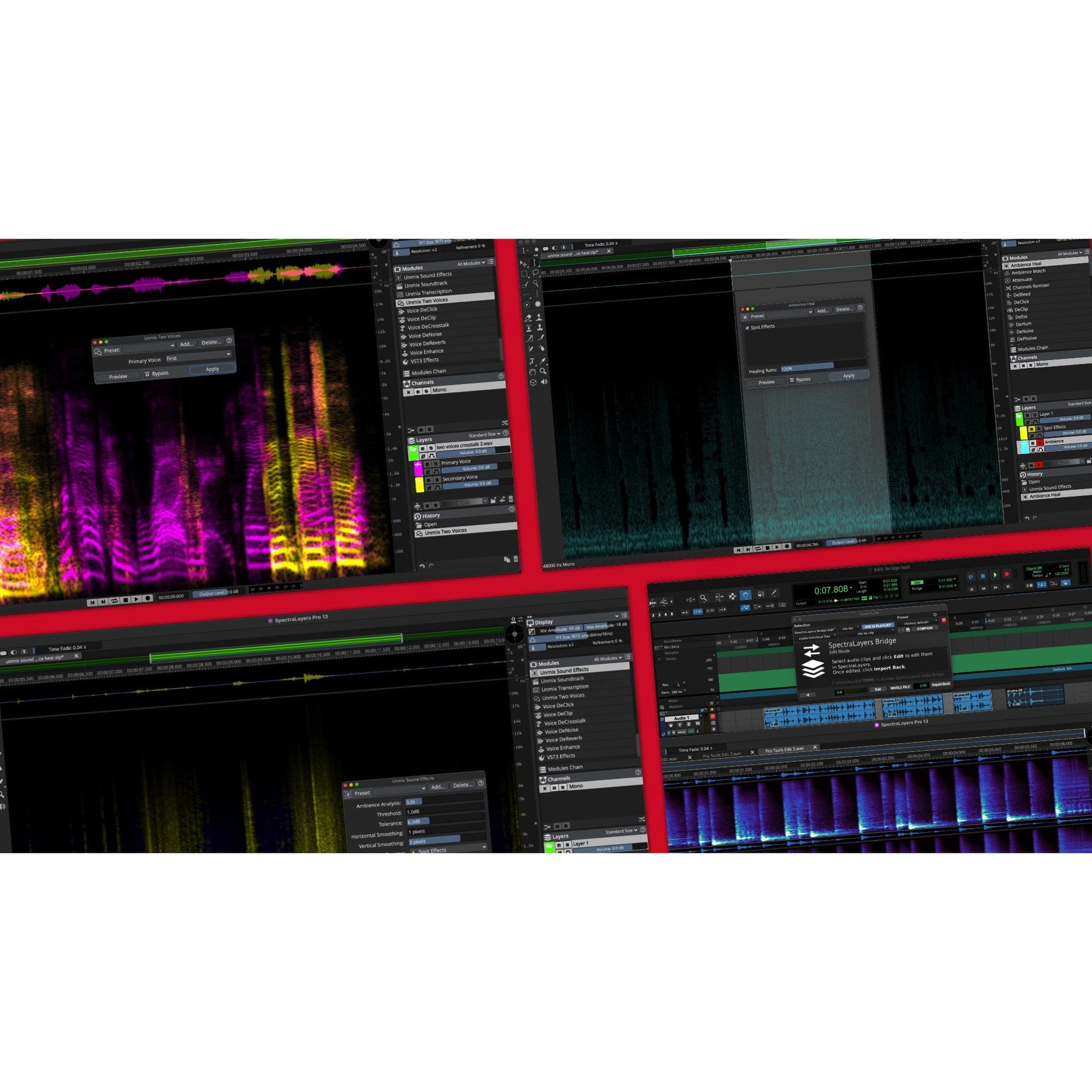Steinberg SpectraLayers Elements 13 spectral audio editor interface collage showing unmixing and repair tools.