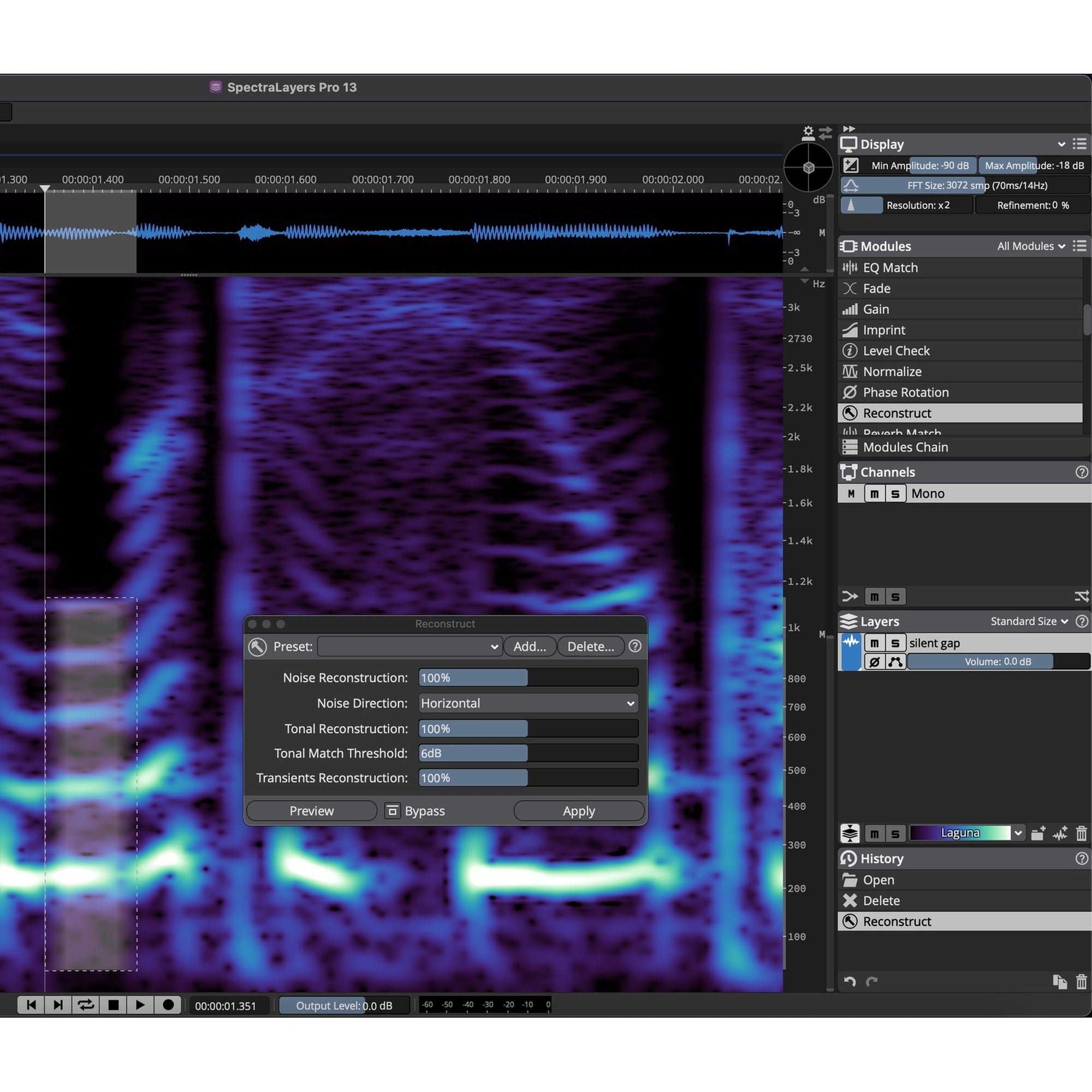 Steinberg SpectraLayers Pro 13 Reconstruct module resynthesizing spectral audio data.