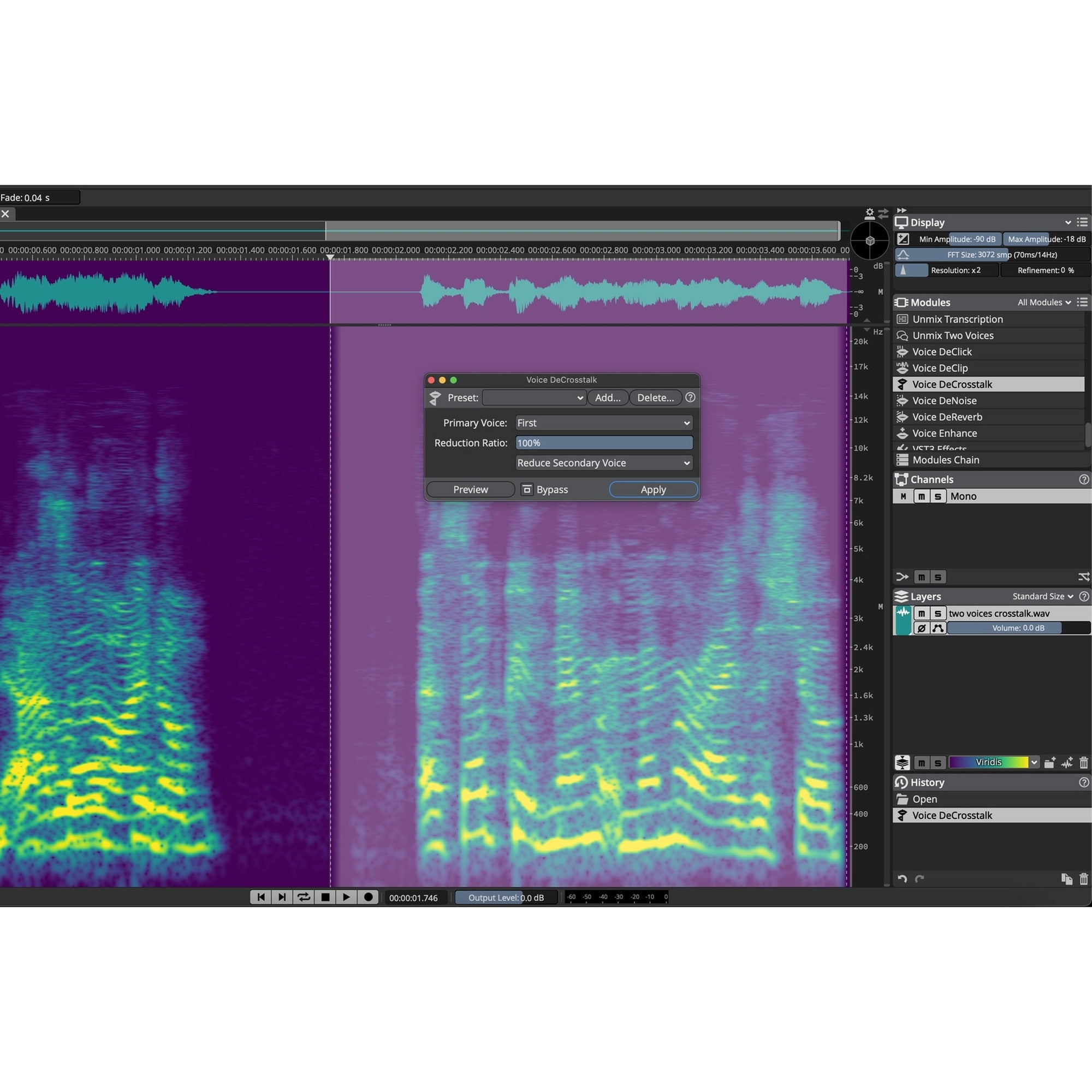 Steinberg SpectraLayers Pro 13 Voice DeCrosstalk module removing secondary voice bleed from a recording.