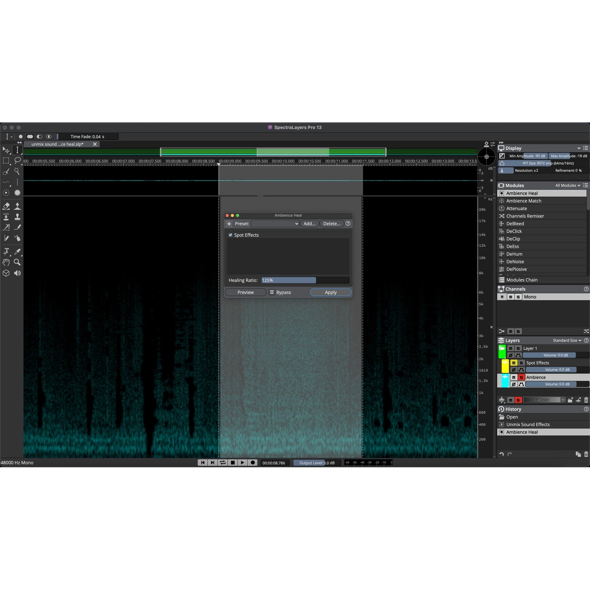 Steinberg SpectraLayers Pro 13 Ambience Heal module restoring spectral gaps after sound removal.