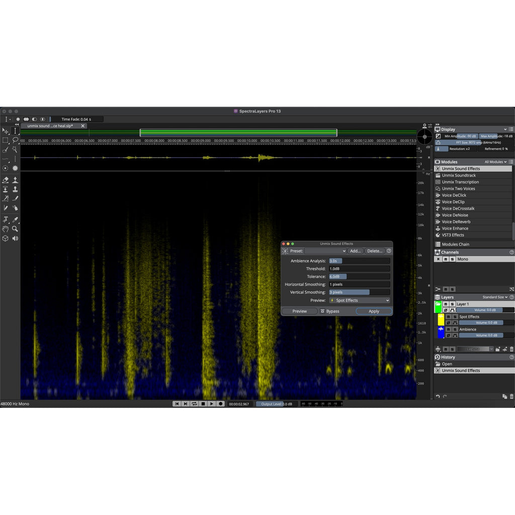 Steinberg SpectraLayers Pro 13 Unmix Sound Effects module isolating sounds from background ambience.