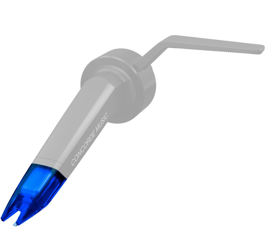 Ortofon Concorde Music Blue turntable stylus with a left tilt design, used for high-quality vinyl playback.