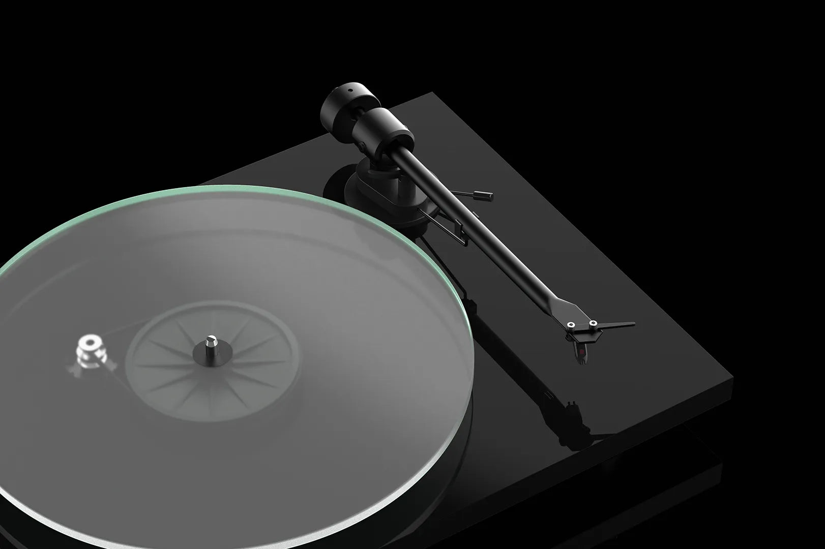 Pro-Ject T1 EVO turntable with a sleek black finish, featuring a tonearm and platter, ideal for high-quality vinyl listening.