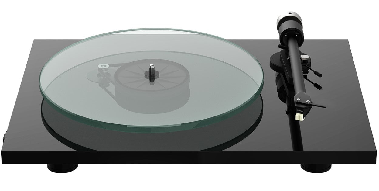 Pro-Ject T2 W turntable with wood finish and sleek design, featuring tonearm and platter for high-quality vinyl playback.