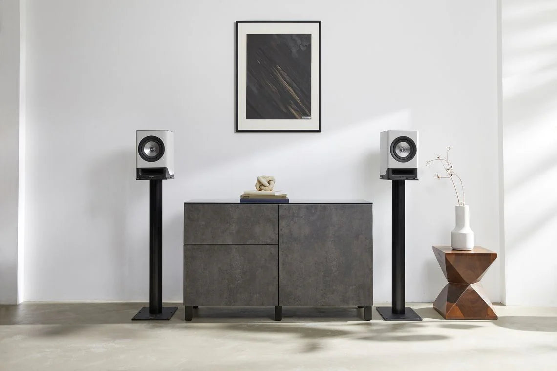 Technics SC-CX700 active bookshelf speakers in gray with volume and bass controls, designed for high-quality audio.