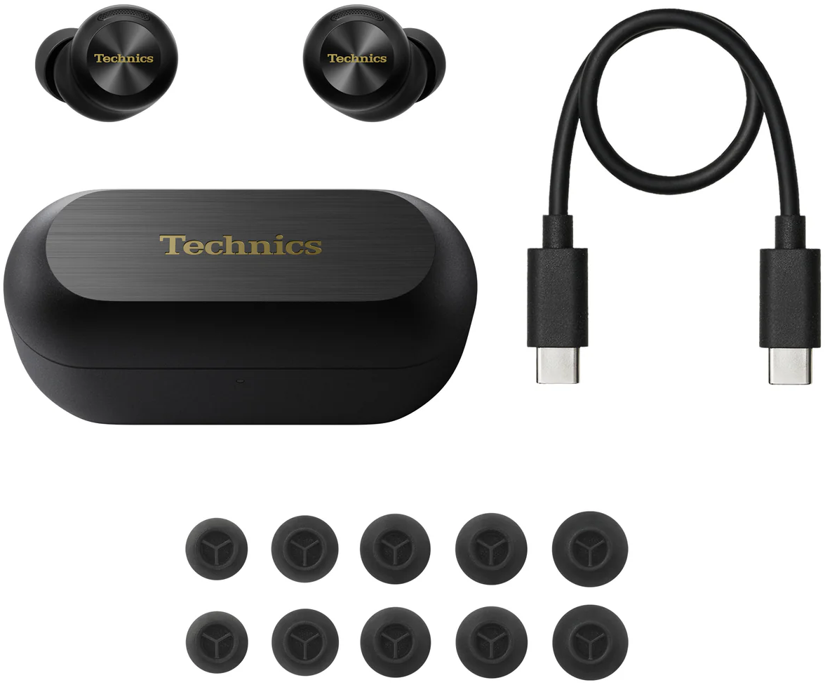 Technics EAH-AZ100 true wireless earbuds, in black, box contents