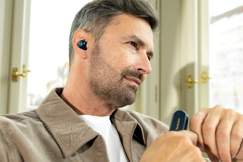 Technics EAH-AZ100 true wireless earbuds, in black, close-up