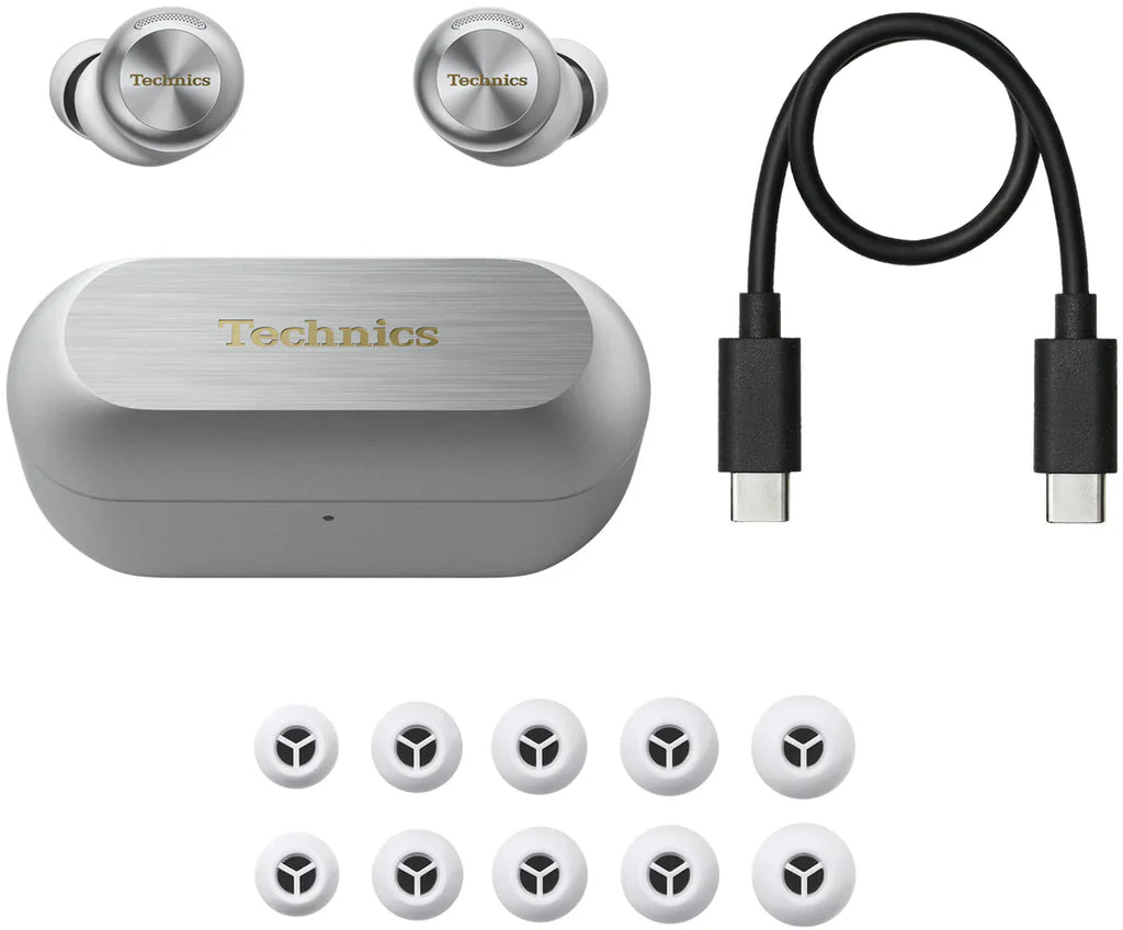 Technics EAH-AZ100 true wireless earbuds, in silver, box contents