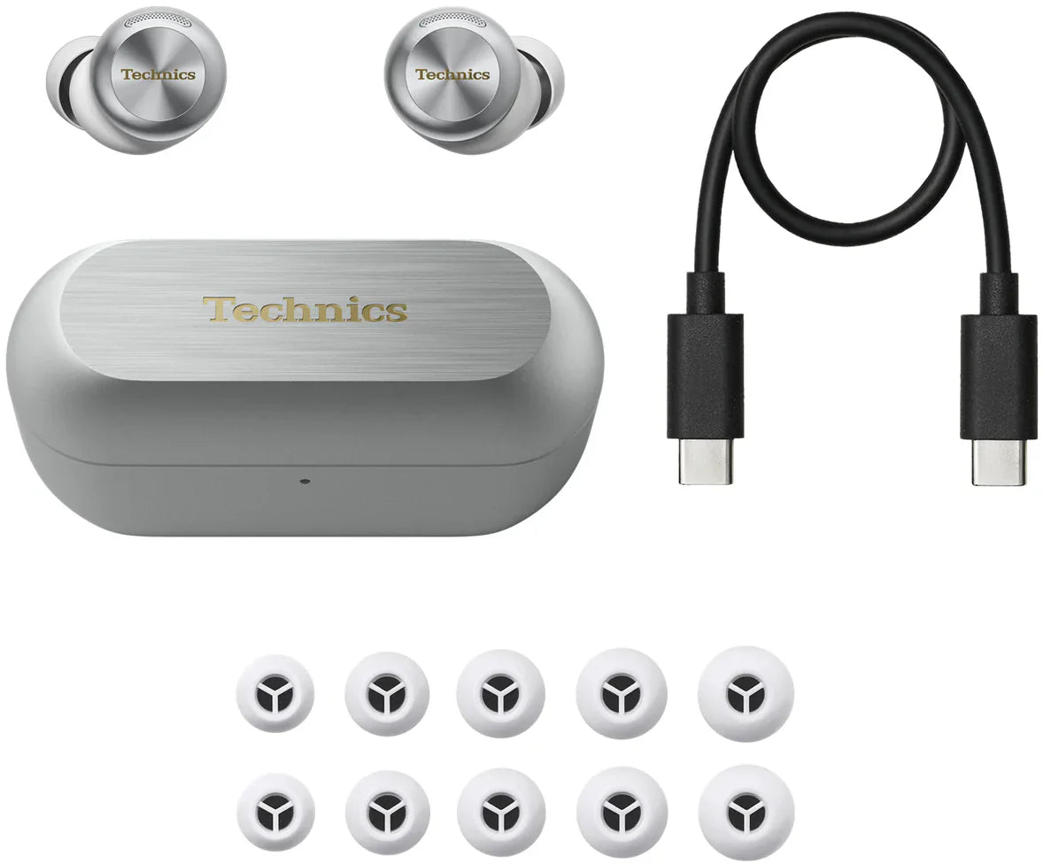 Technics EAH-AZ100 true wireless earbuds, in silver, box contents