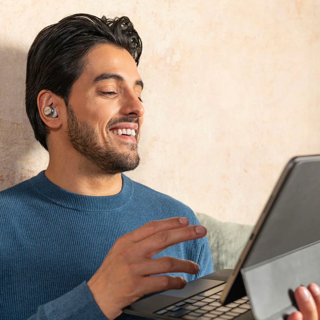 Technics EAH-AZ100 true wireless earbuds, in silver, lifestyle setting