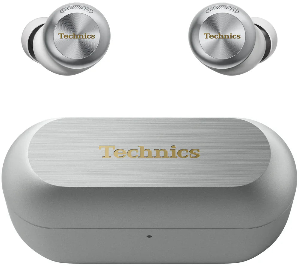 Technics EAH-AZ100 true wireless earbuds, in silver, with charging case
