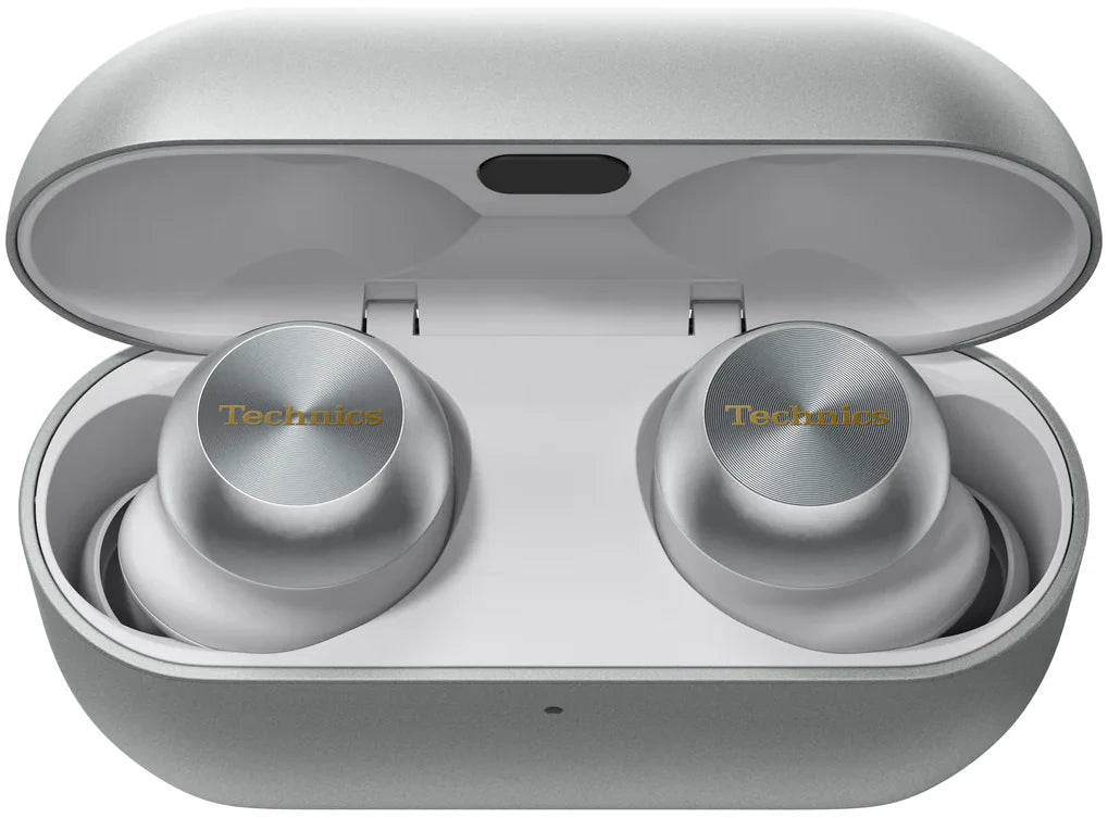 Technics EAH-AZ100 true wireless earbuds, in silver, with charging case