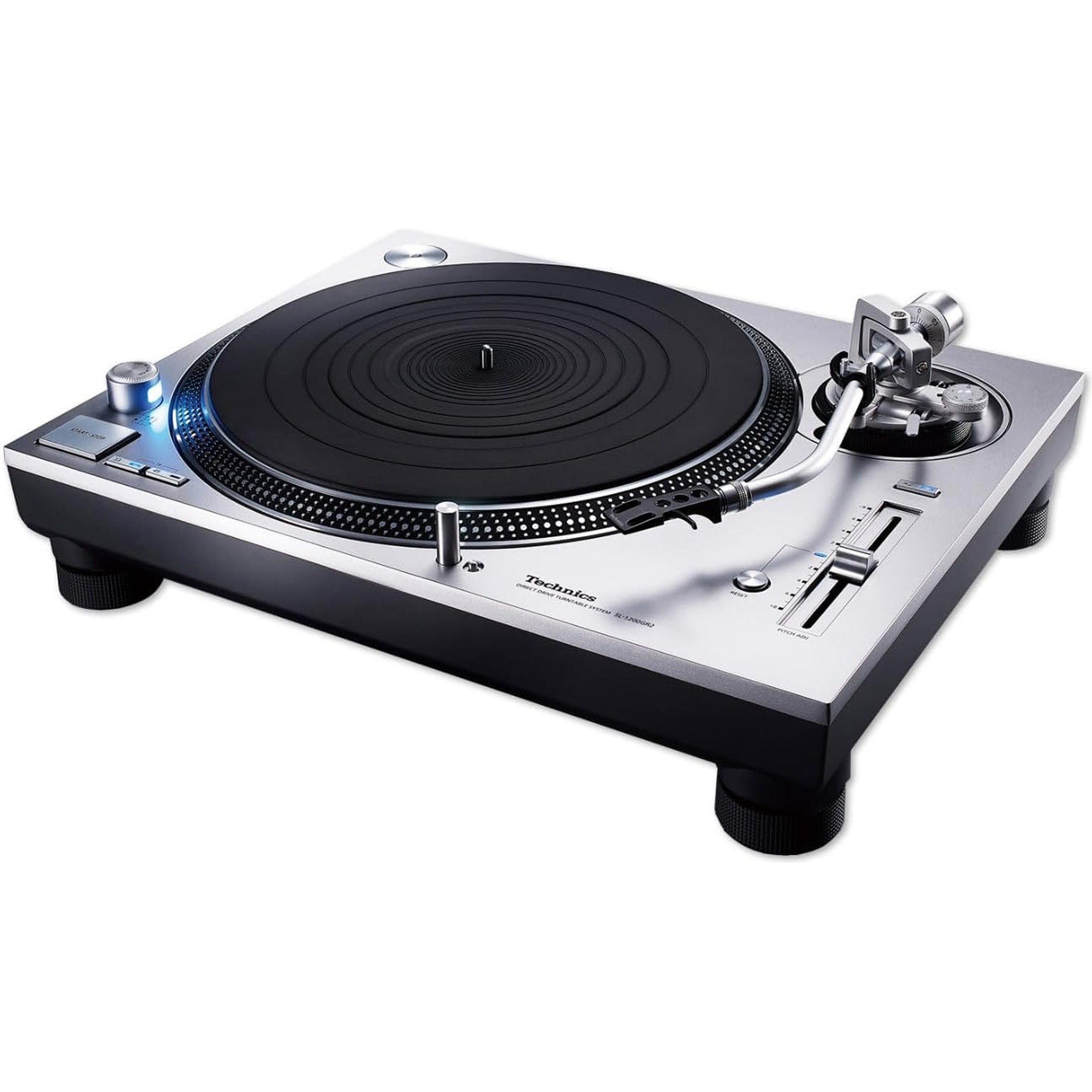Technics SL-1200GR2 turntable with black matte finish, featuring tonearm and platter for high-quality audio playback.
