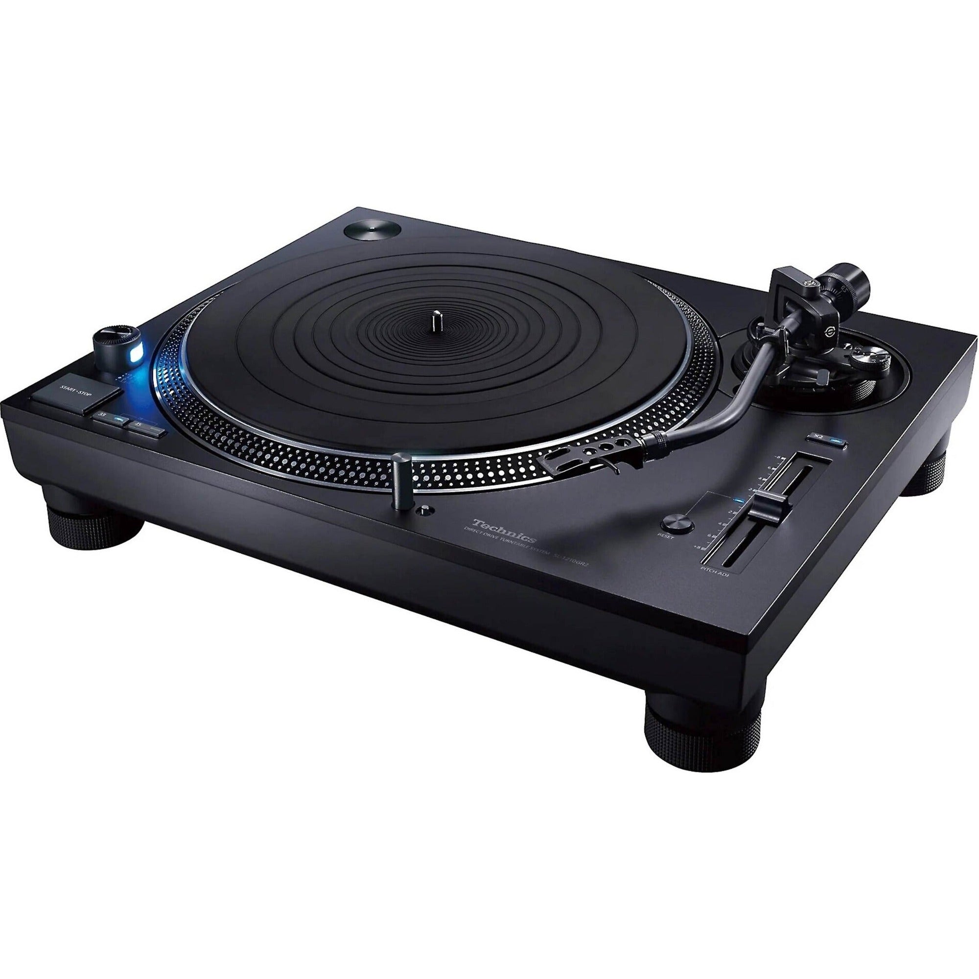 Technics SL-1210GR2 turntable with black matte finish, featuring tonearm and platter, designed for high-quality analog playback.