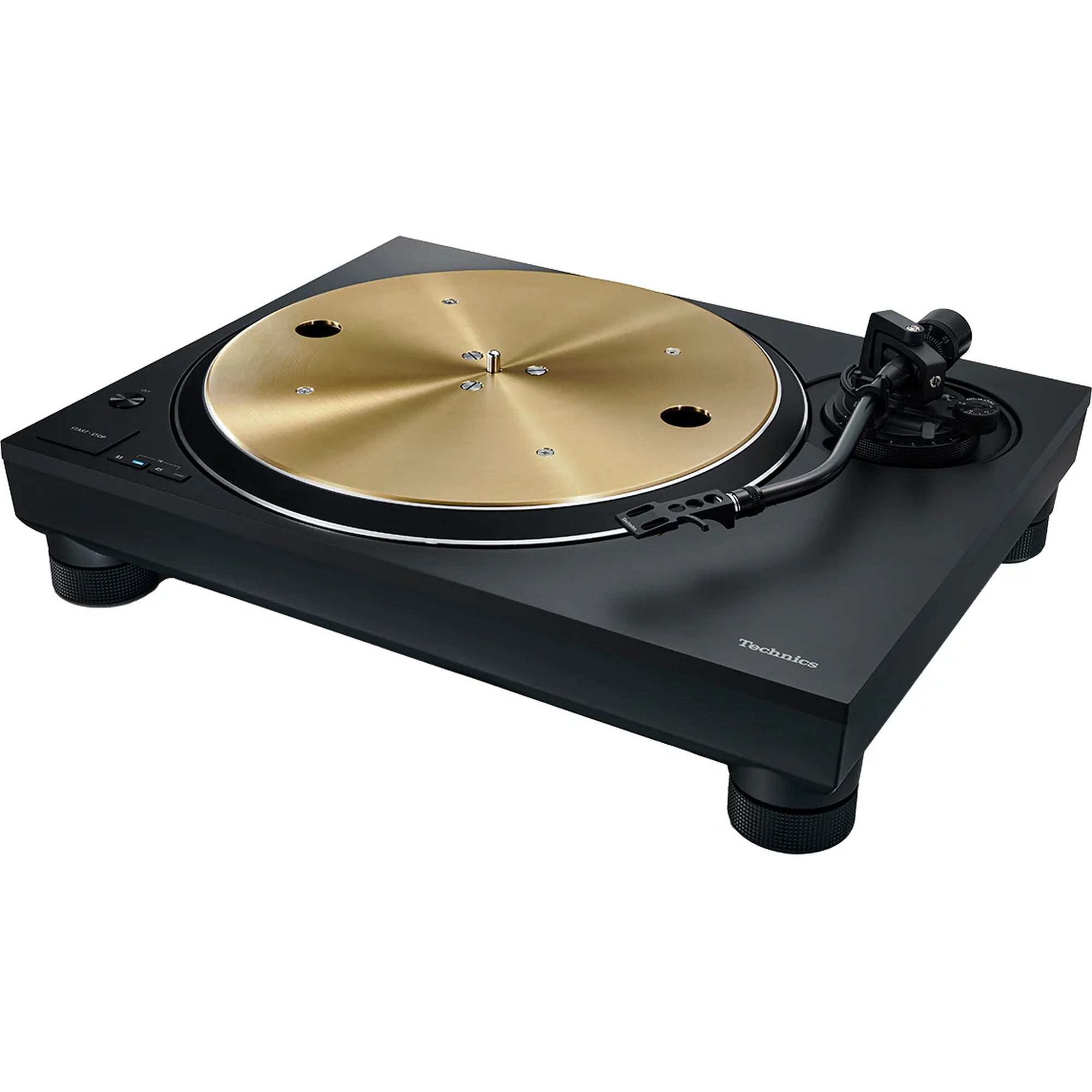 Technics SL-1300G turntable with sleek design, tonearm and platter visible, showcasing high-quality audio equipment.