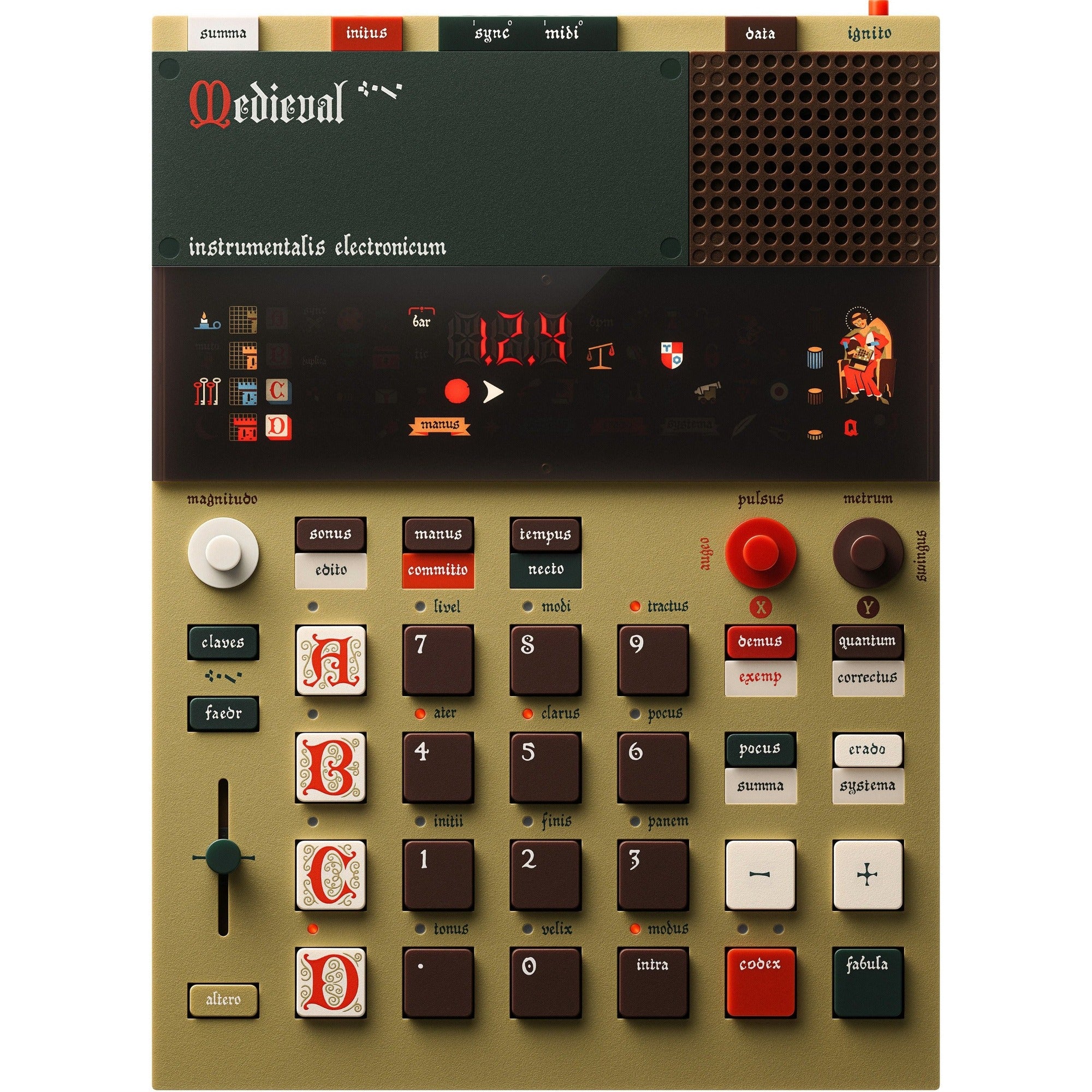 Teenage Engineering EP-1320 Medieval drum machine and sampler with colorful interface and controls, designed for music production.