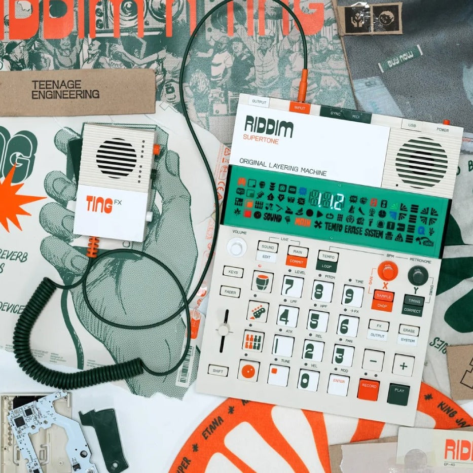 Teenage Engineering EP-40 Riddim Supertone with EP-2350 Ting microphone, launch campaign scene