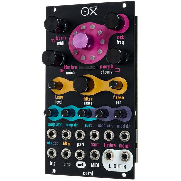 OXI Instruments Coral semi-modular synthesizer with patch cables and control knobs, showcasing its compact, colorful design.
