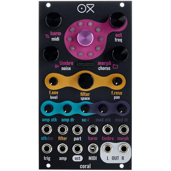 OXI Instruments Coral semi-modular synthesizer with colorful patch cables and control knobs, showcasing its versatile electronic music interface.