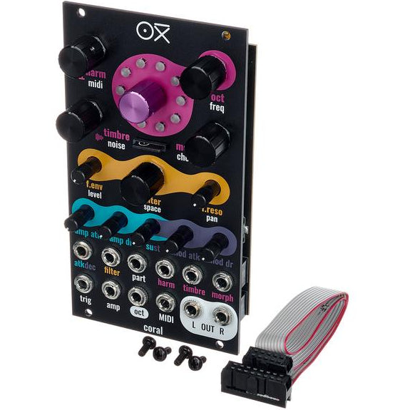OXI Instruments Coral semi-modular synthesizer with colorful patch cables and knobs, showcasing its musical interface and controls.