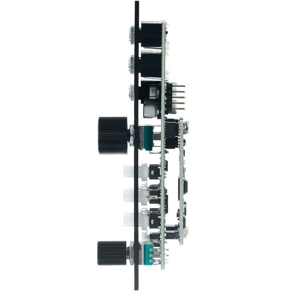 OXI Instruments Meta semi-modular synthesizer with patch cables and control knobs, showcasing its versatile interface and modular design.