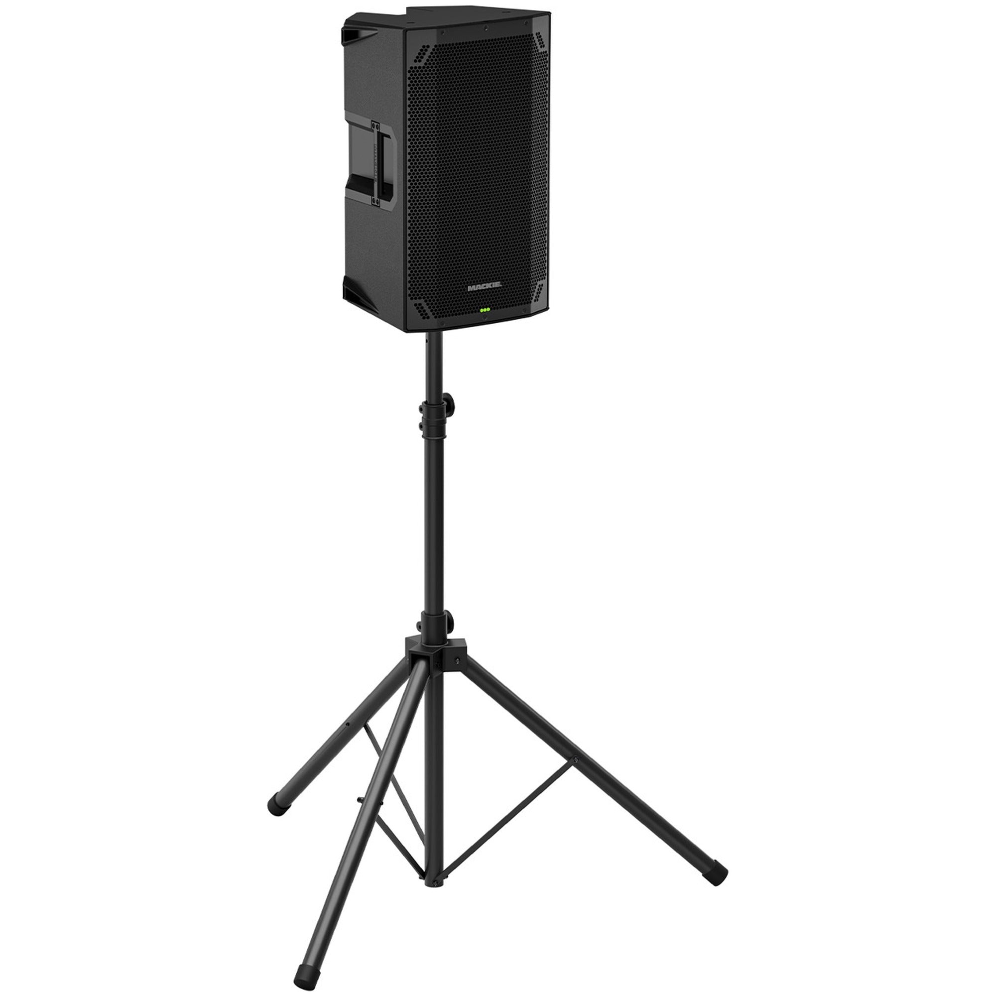 Mackie Thump12v4 active loudspeaker on tripod stand, showing its front grille and control panel for sound projection.