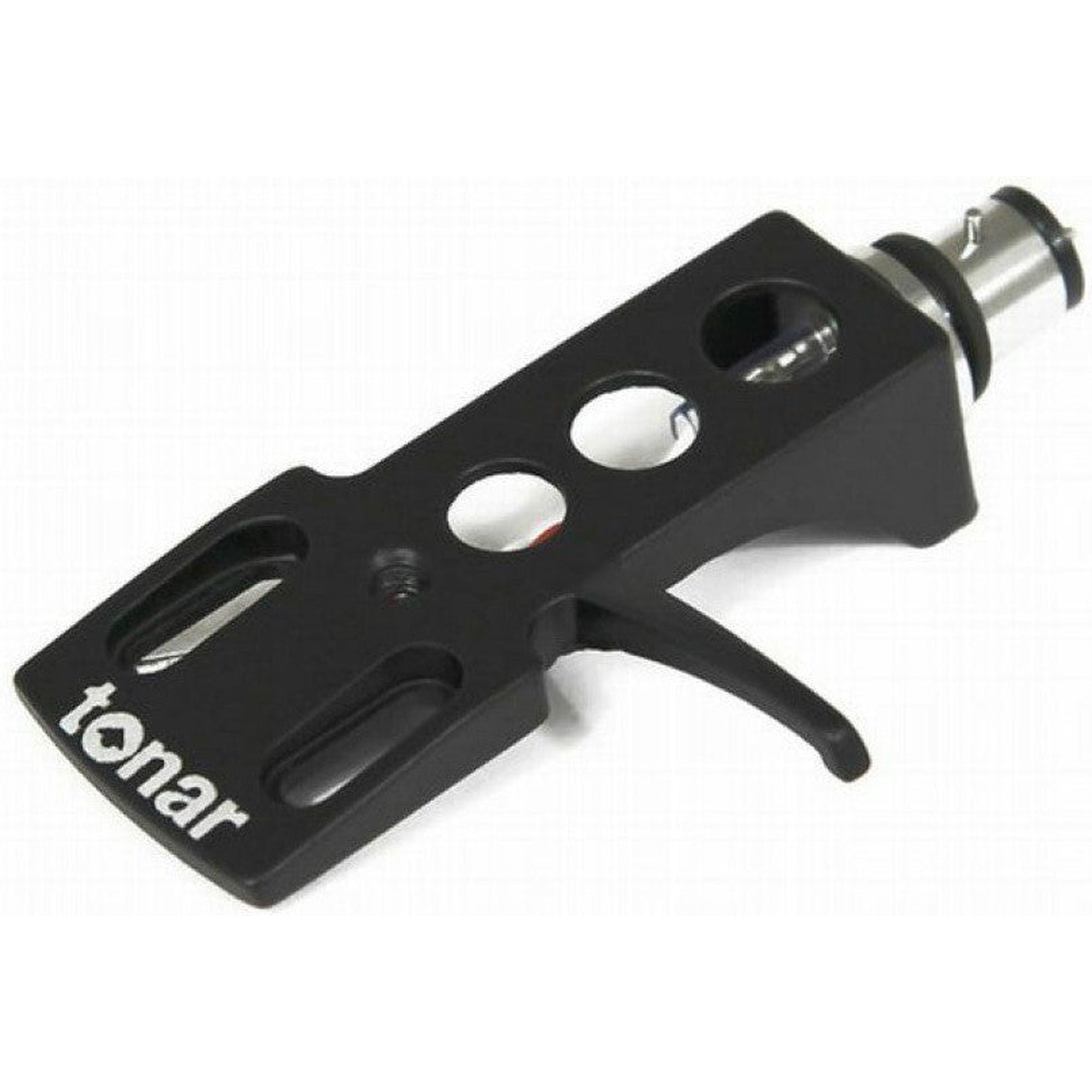 Black Tonar DJ Headshell for cartridges, shown with mounting and wiring details, ideal for turntable setup and DJ equipment.