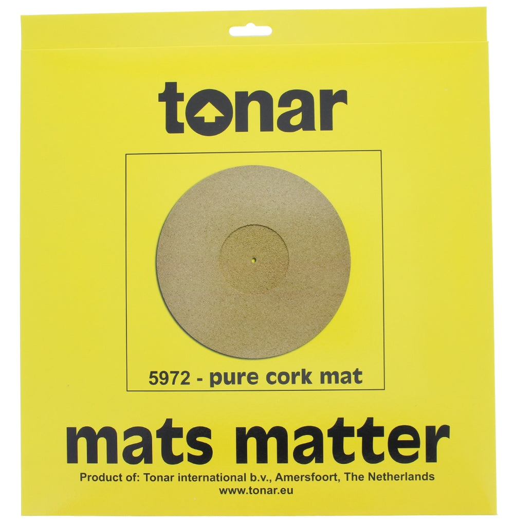 Tonar Pure Cork Turntable Mat slipmat placed on a turntable, showcasing its natural cork surface for improved sound quality.