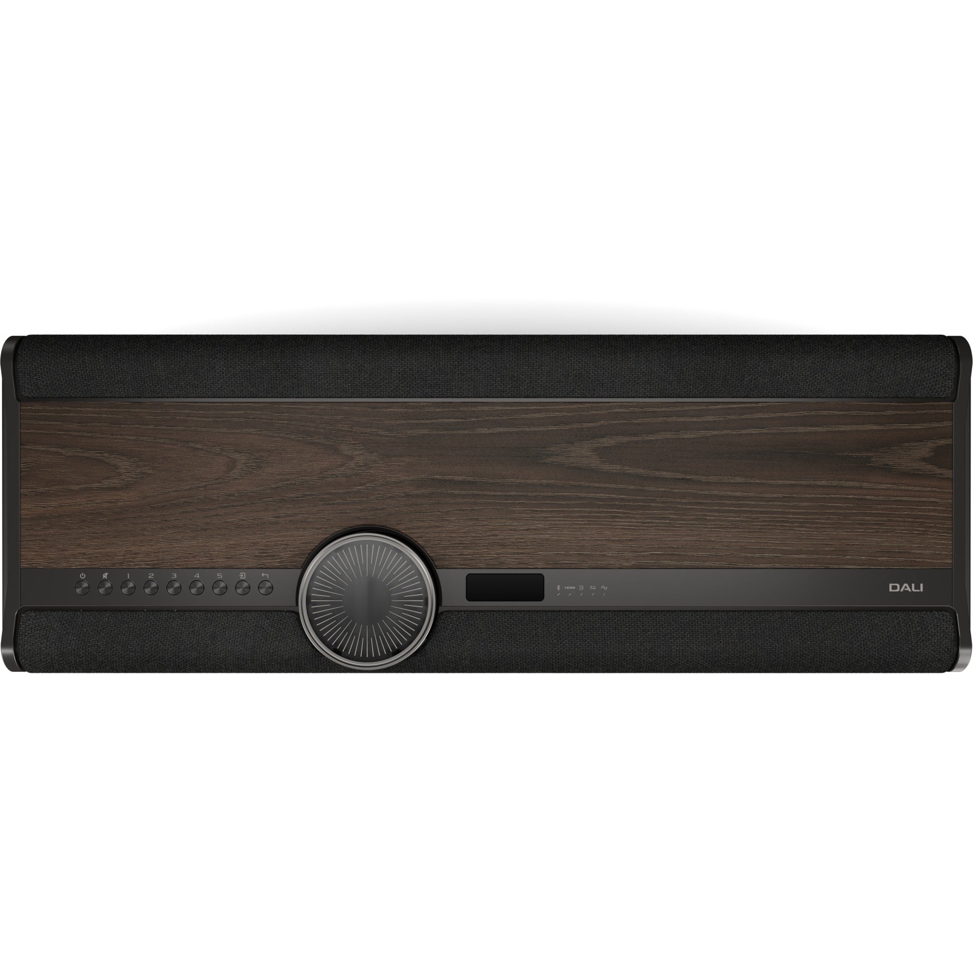 Dali Vega front panel with wood veneer, volume wheel and OLED display