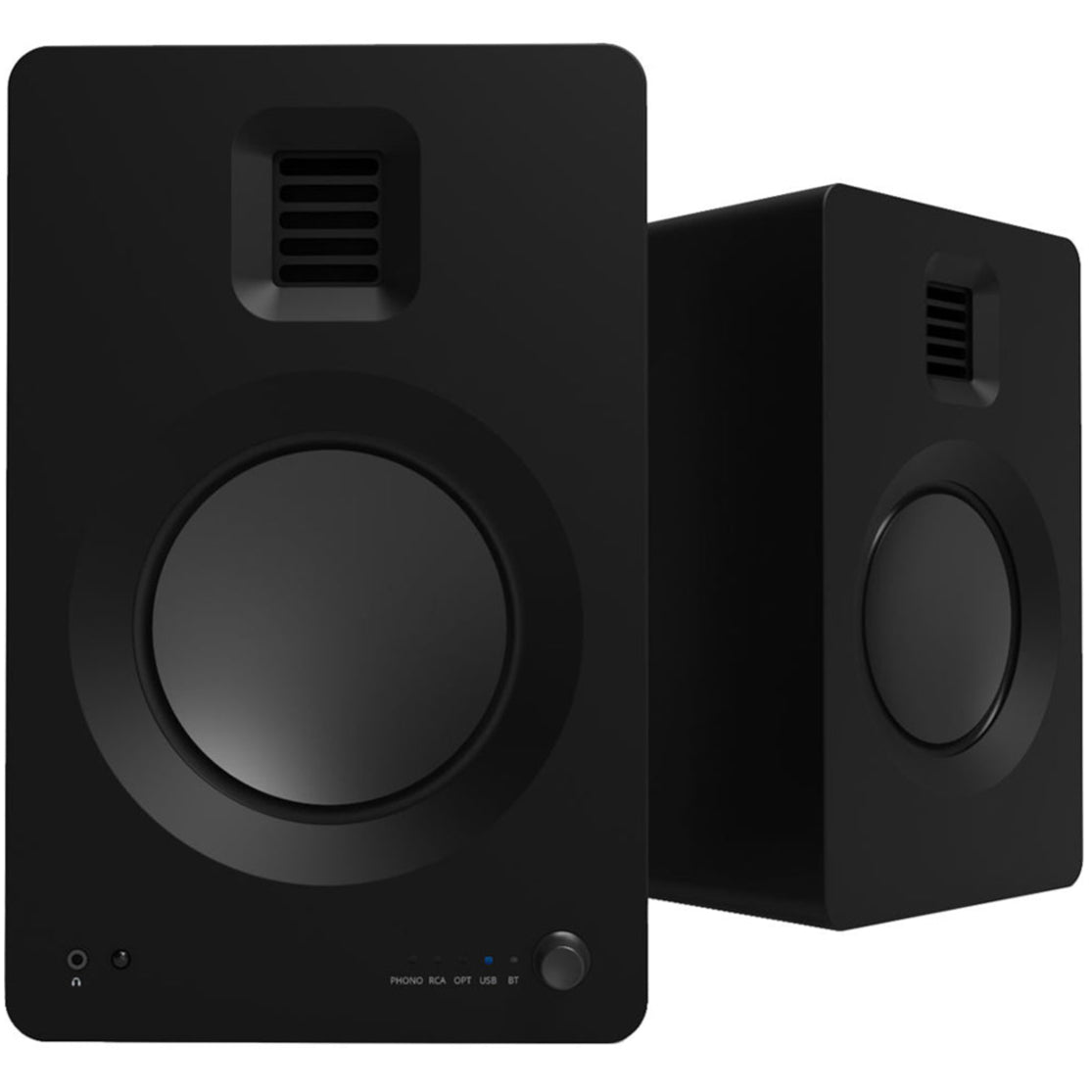 Kanto Audio TUK wireless speakers with sleek black design, featuring control knobs and connectivity ports on the front panel.