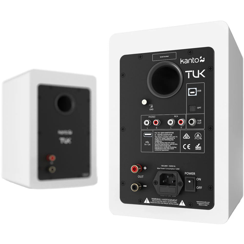 White Kanto Audio TUK wireless speakers with sleek design, featuring dual speaker units and modern finish for quality sound.