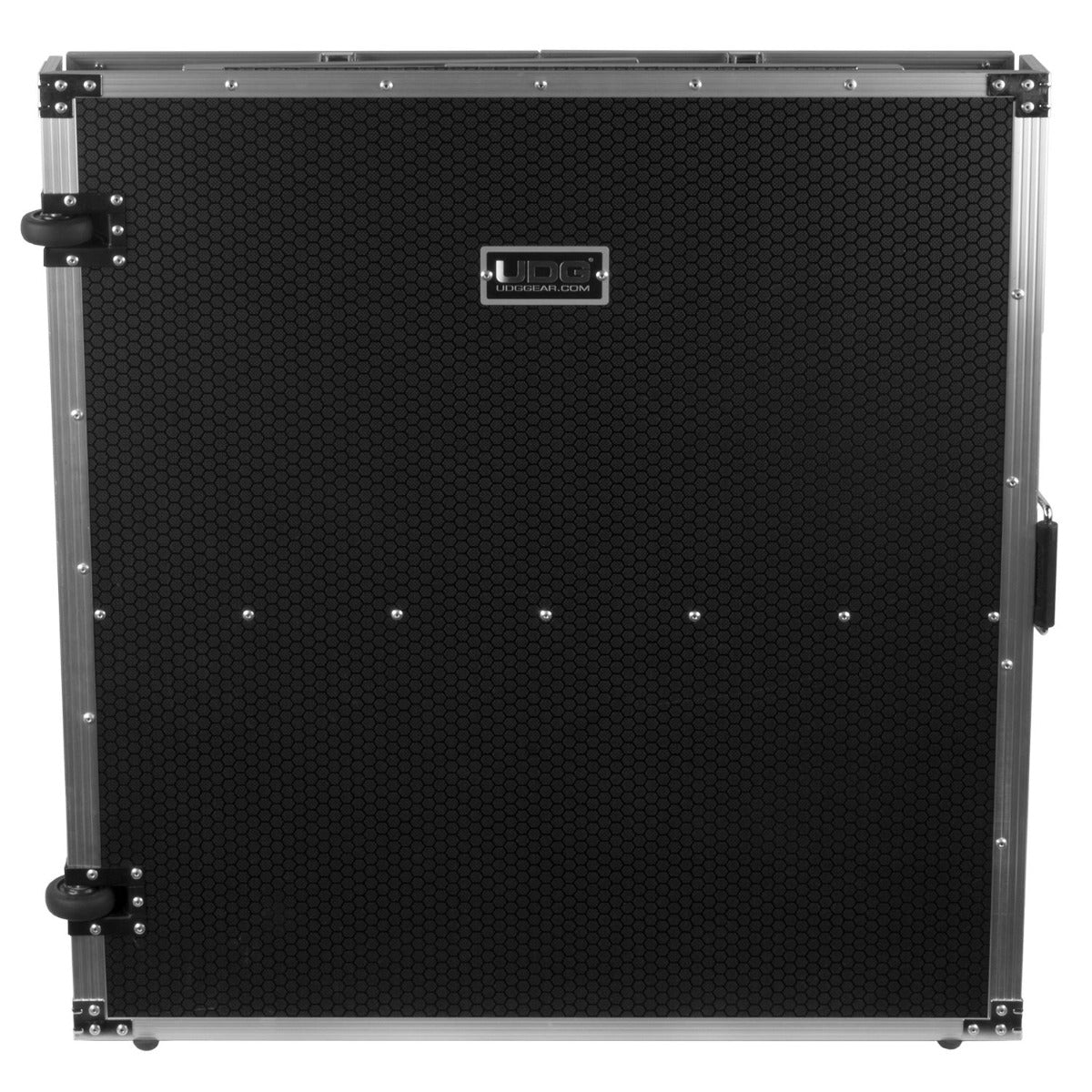 Silver UDG Ultimate Fold Out DJ Table MK2 Plus with wheels, showcasing a sleek, portable design for DJs.