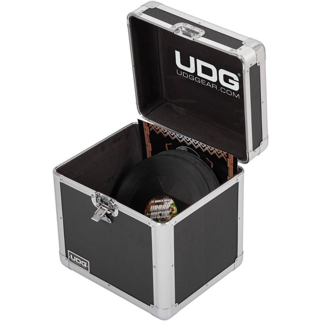 UDG Ultimate Record Case for 80 vinyl records in silver, durable DJ record case with sturdy handle and secure latches.