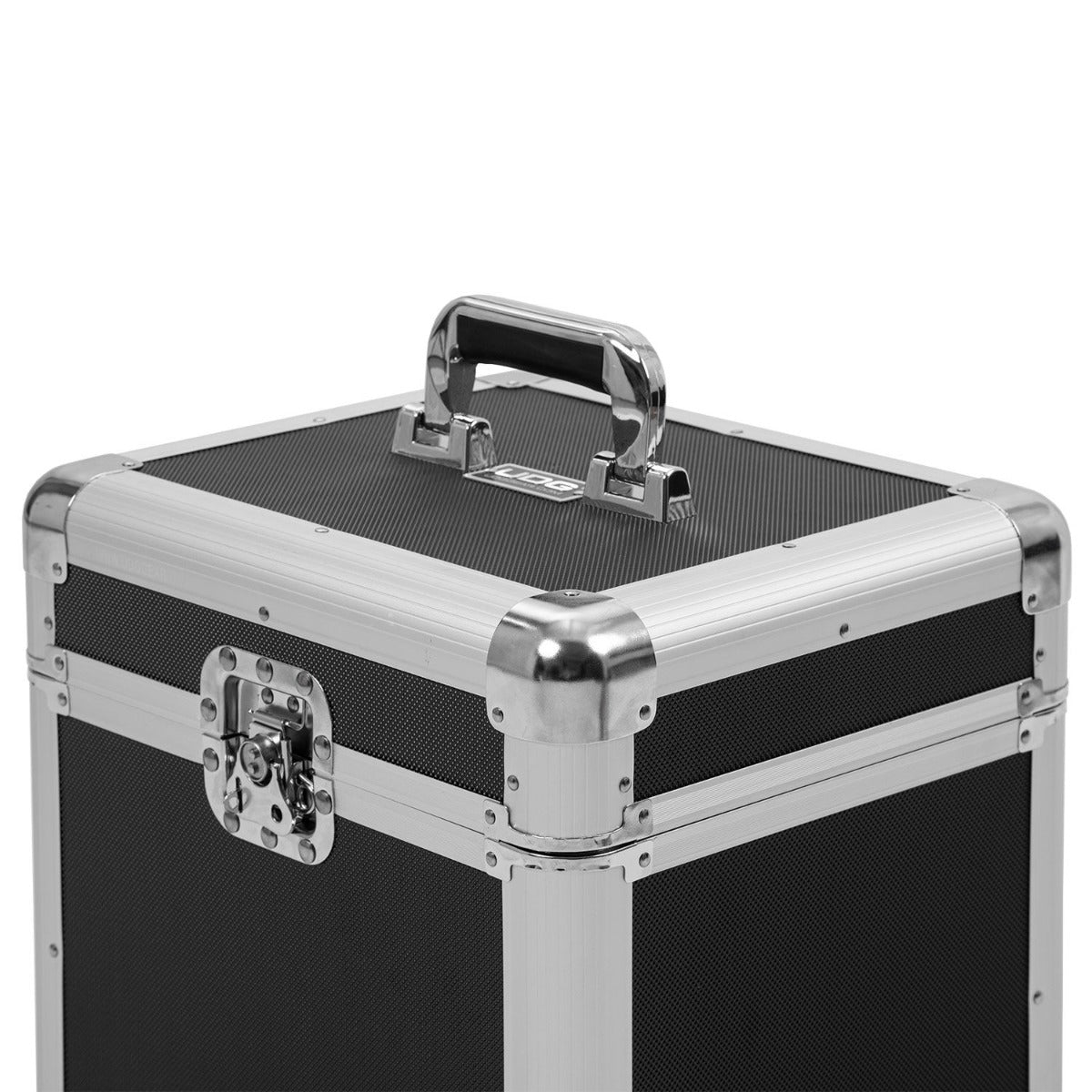 UDG Ultimate Record Case 80 Vinyl Silver for DJs, showing sturdy silver case with handles and secure latches for storing 80 records.