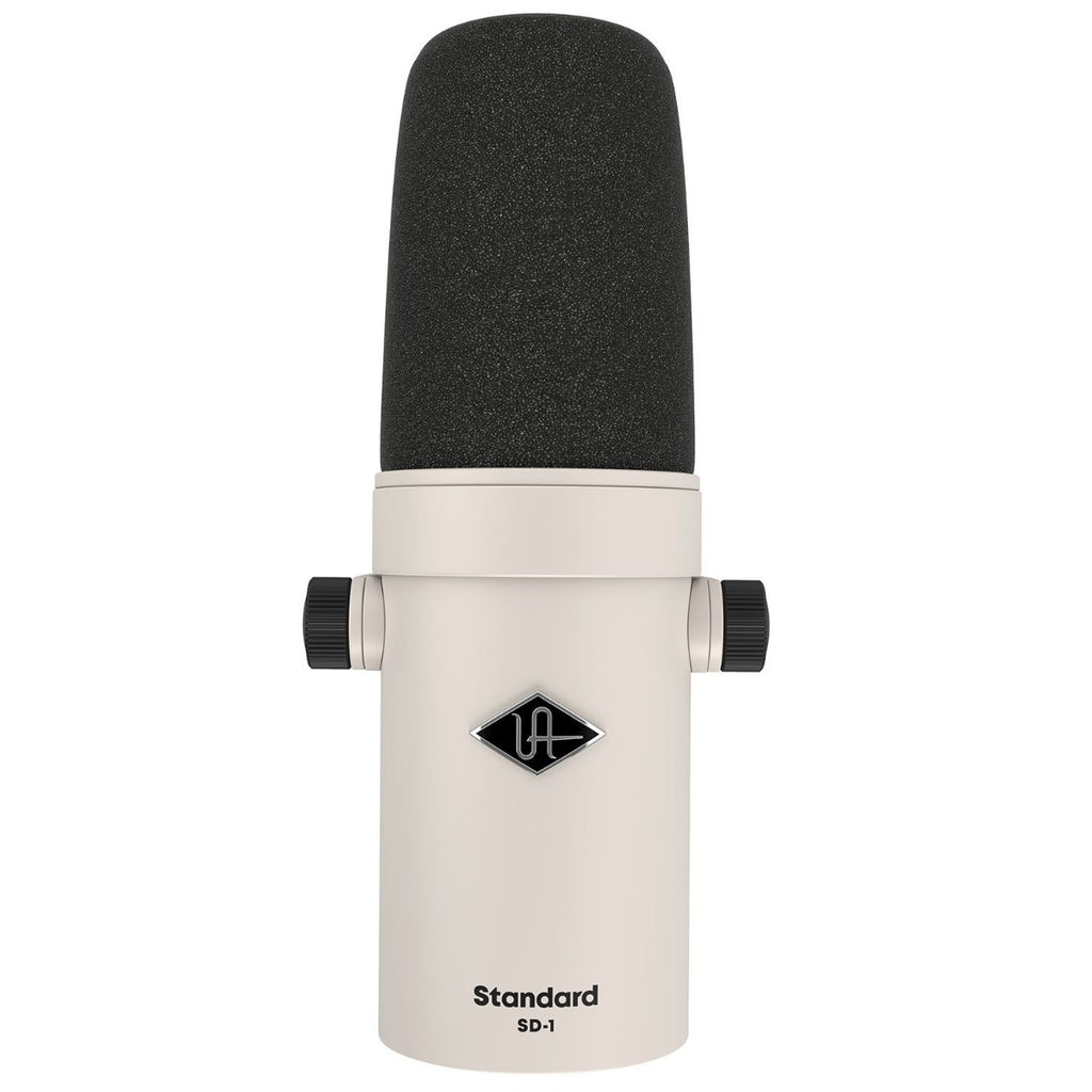 Universal Audio SD-1 dynamic microphone with black body and silver grille, positioned for vocal or instrument recording.