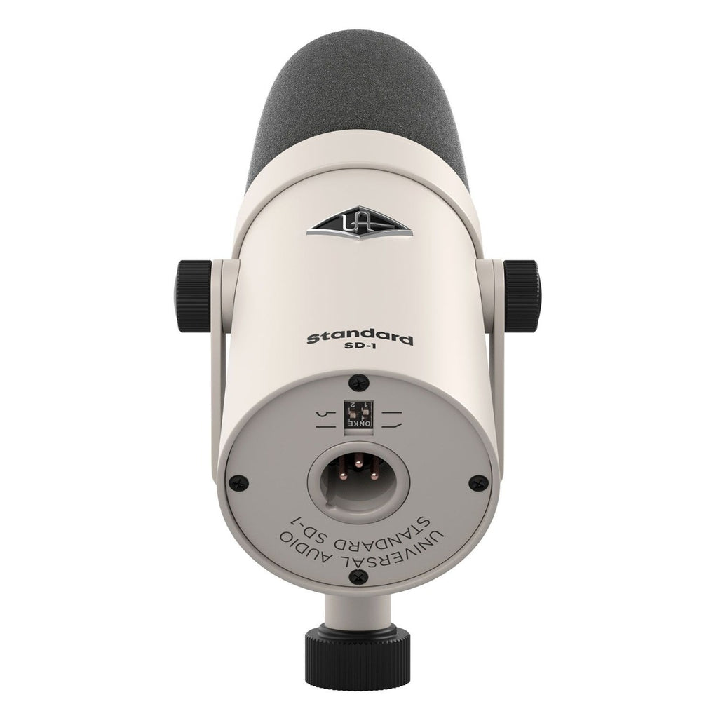 Universal Audio SD-1 dynamic microphone shown with its sleek black design and sturdy build, ideal for vocal and instrument recording.