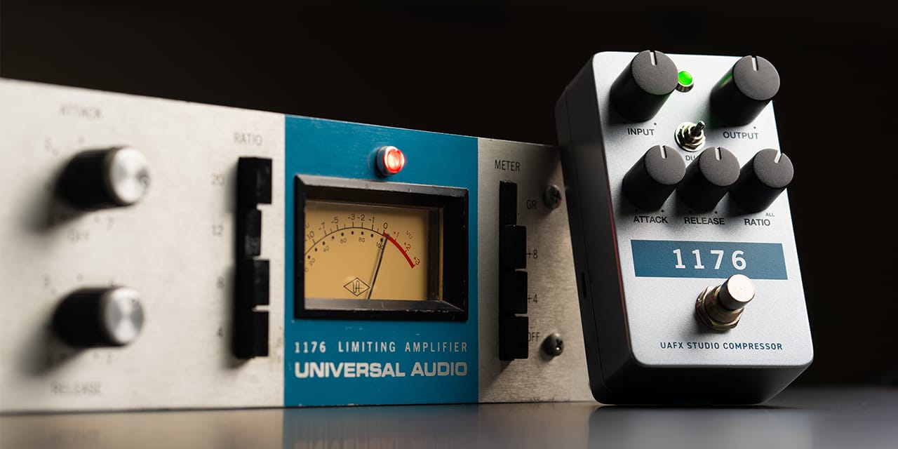 Universal Audio UAFX 1176 Studio Compressor effects pedal with control knobs, showing front view and branding details.