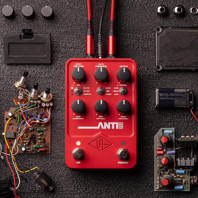 Universal Audio UAFX ANTI 1992 high gain amp effects pedal with rugged metal housing and control knobs for guitar tone shaping.