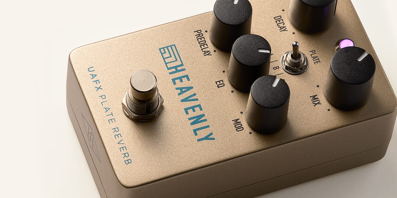 Universal Audio UAFX Heavenly Plate Reverb effects pedal with control knobs and vintage-inspired design.