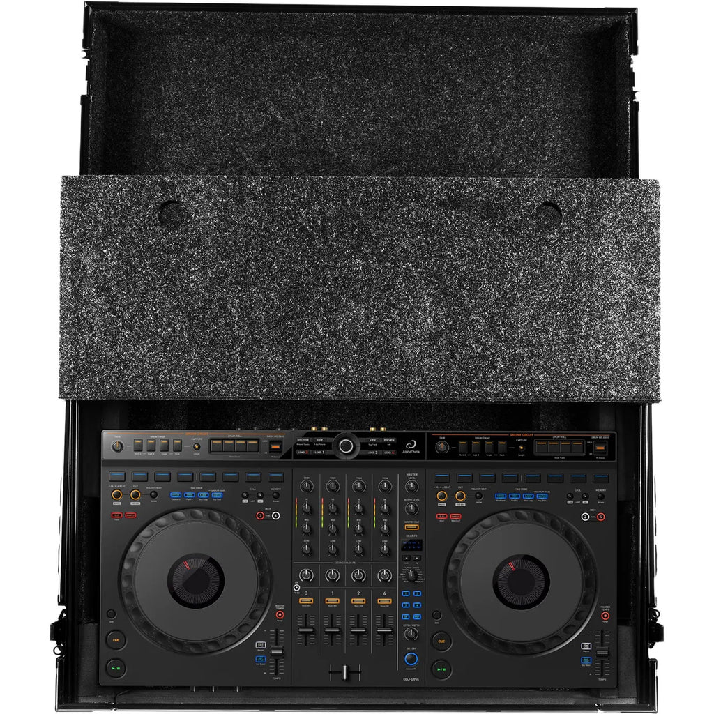 UDG Ultimate Flight Case AlphaTheta DDJ-GRV6 black DJ flight case with laptop shelf for DJ equipment and gear protection.