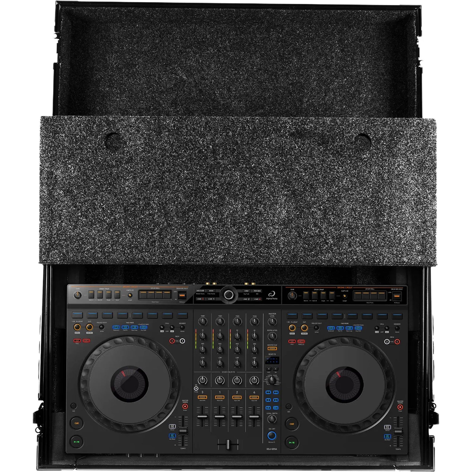 UDG Ultimate Flight Case AlphaTheta DDJ-GRV6 black DJ flight case with laptop shelf for DJ equipment and gear protection.