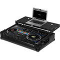 UDG Ultimate Flight Case for Pioneer DDJ-REV7 DJ controller with laptop shelf and wheels, black professional DJ flight case.